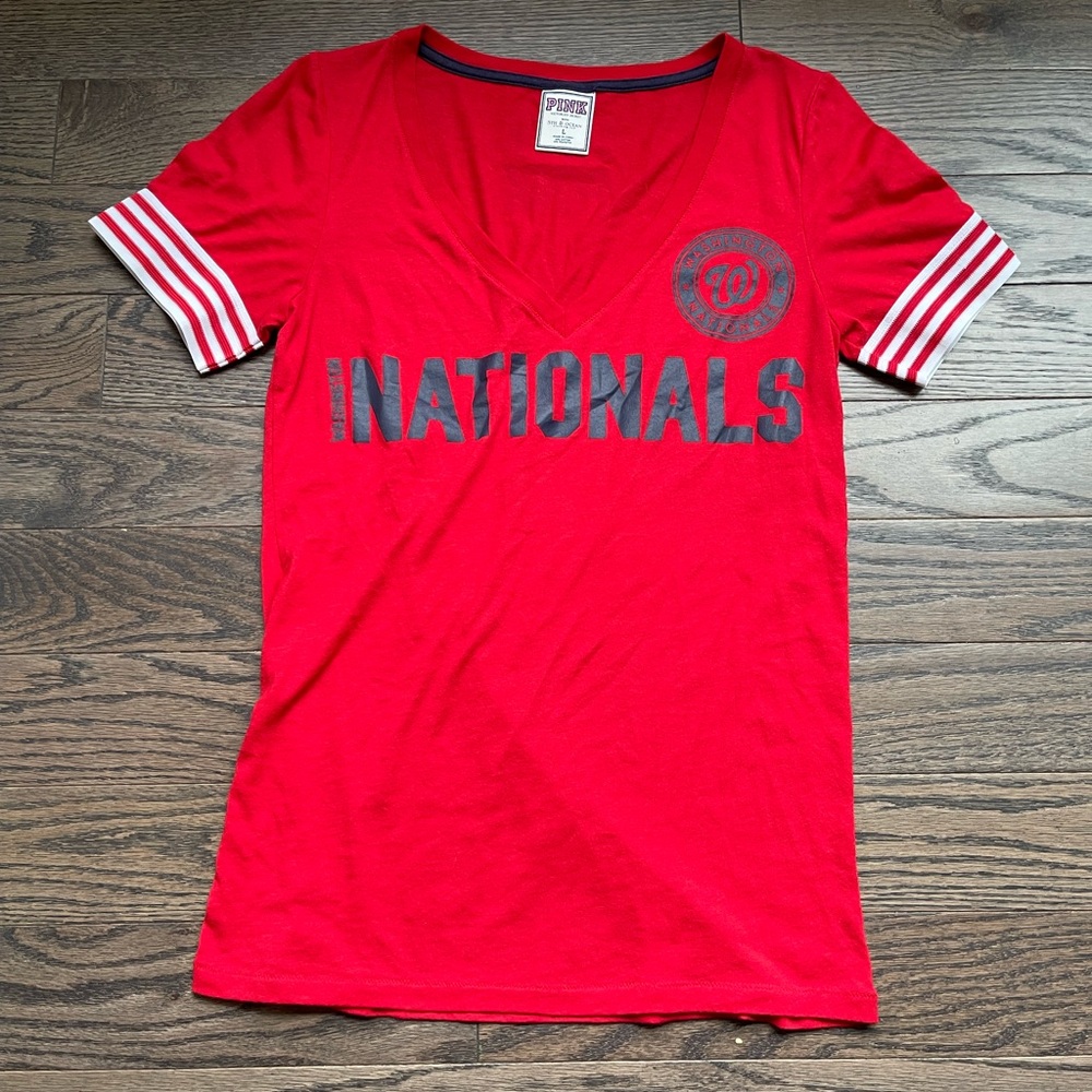 Victoria Secret PINK Washington Nationals Short Sleeve V Neck Shirt | Size L